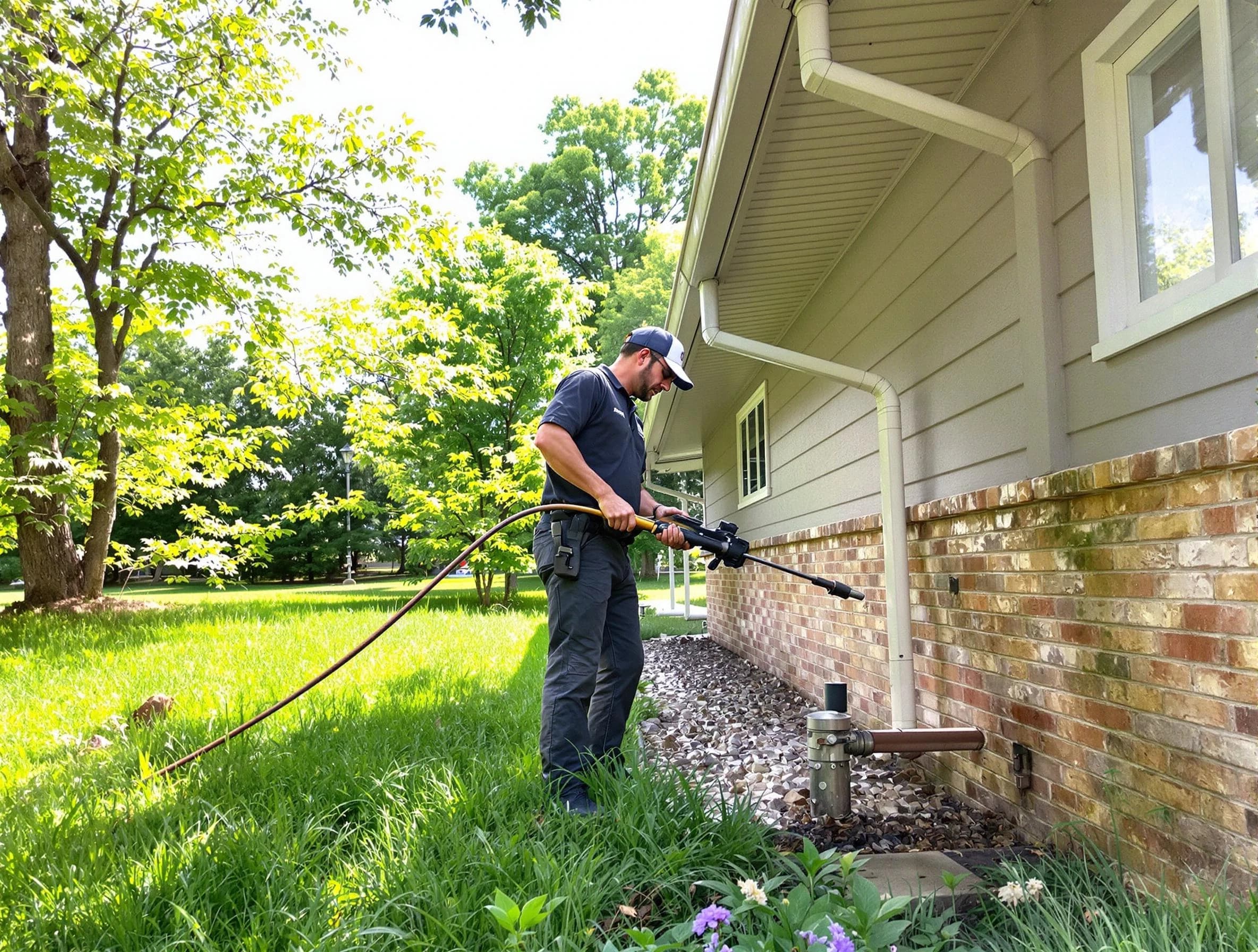 Stow Roofing Company removing debris from a downspout in Stow, OH