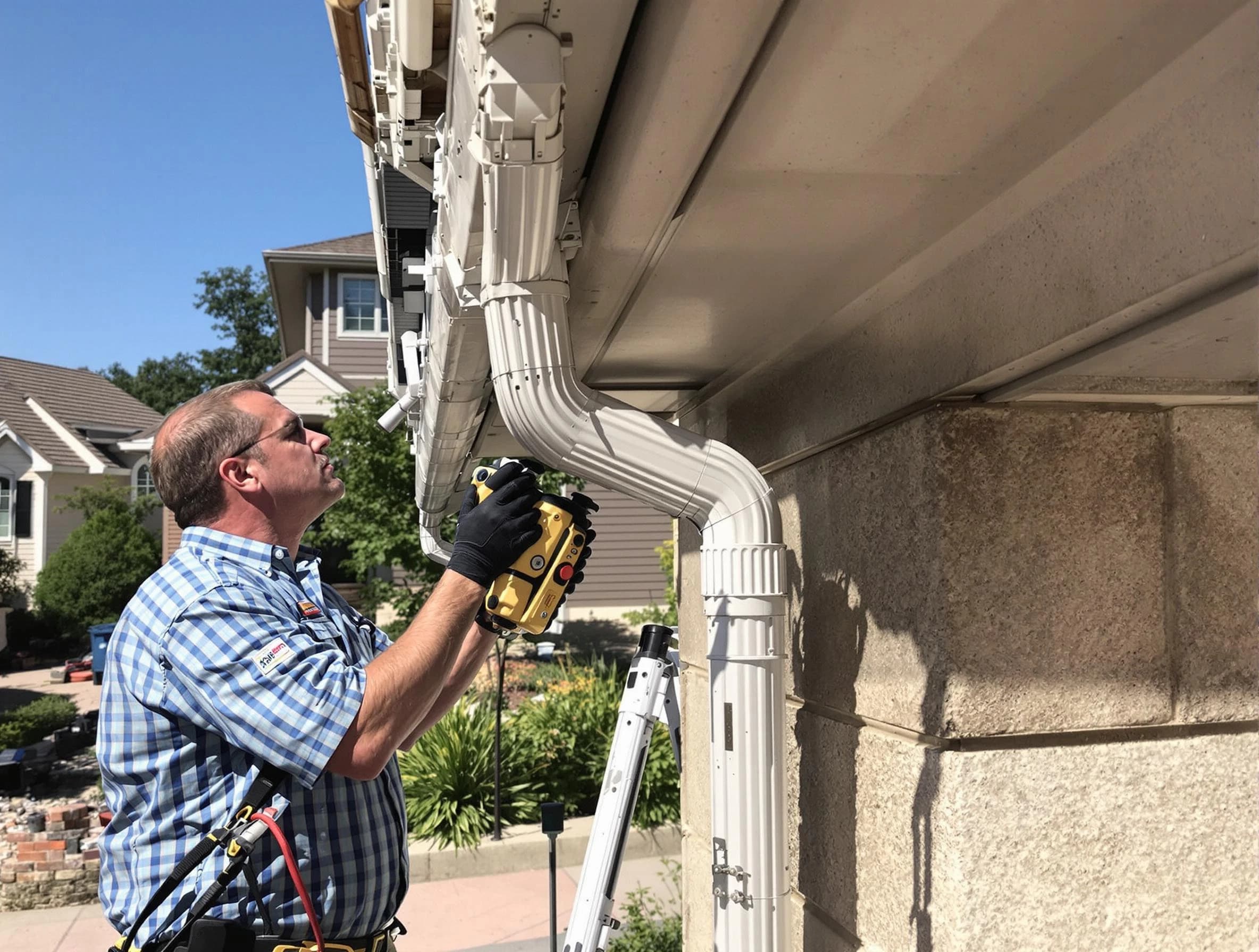 Close-up of a restored downspout system by Stow Roofing Company in Stow, OH