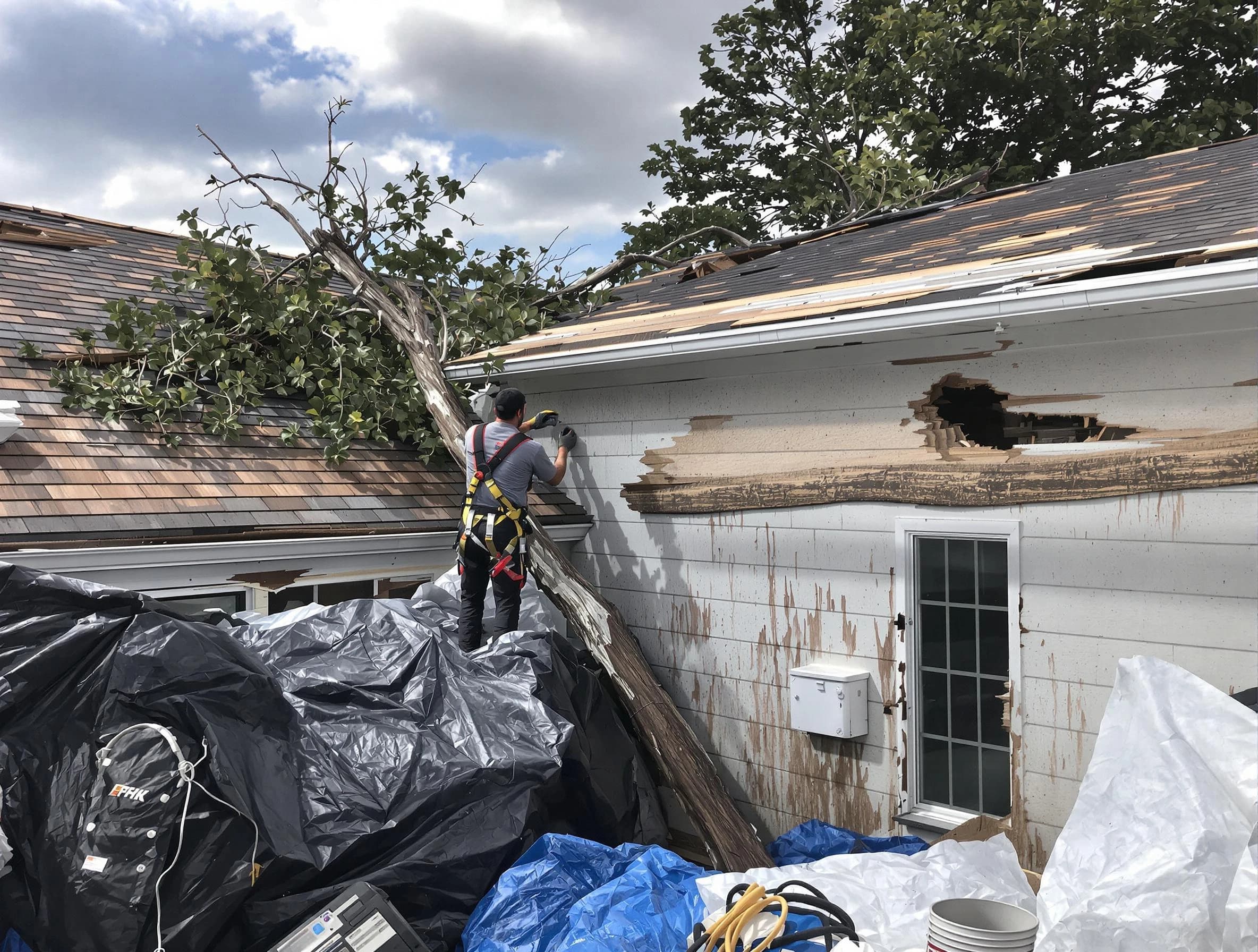 Stow Roofing Company technicians handling urgent roof damage in Stow, OH