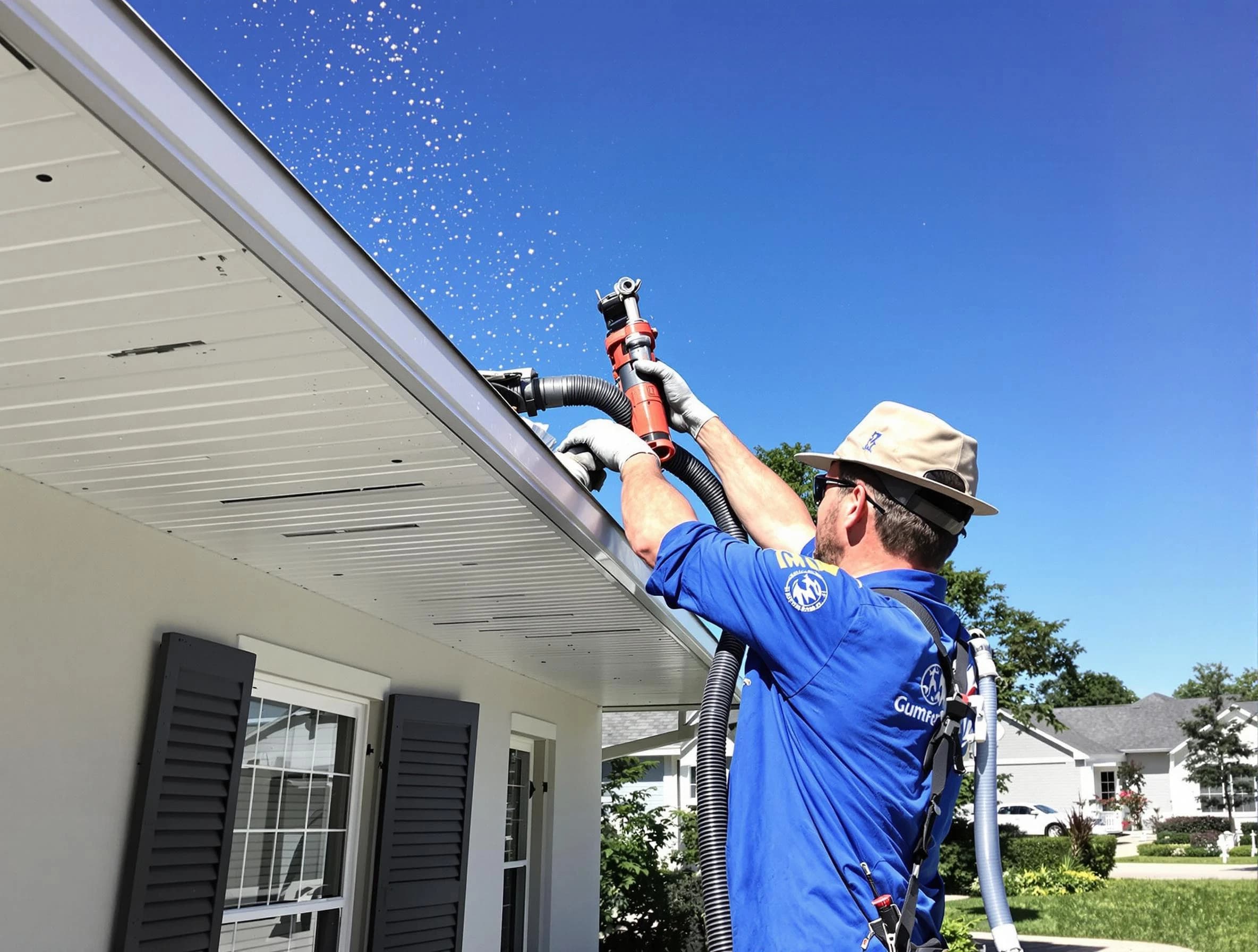 Technician completing a gutter cleaning project by Stow Roofing Company in Stow, OH