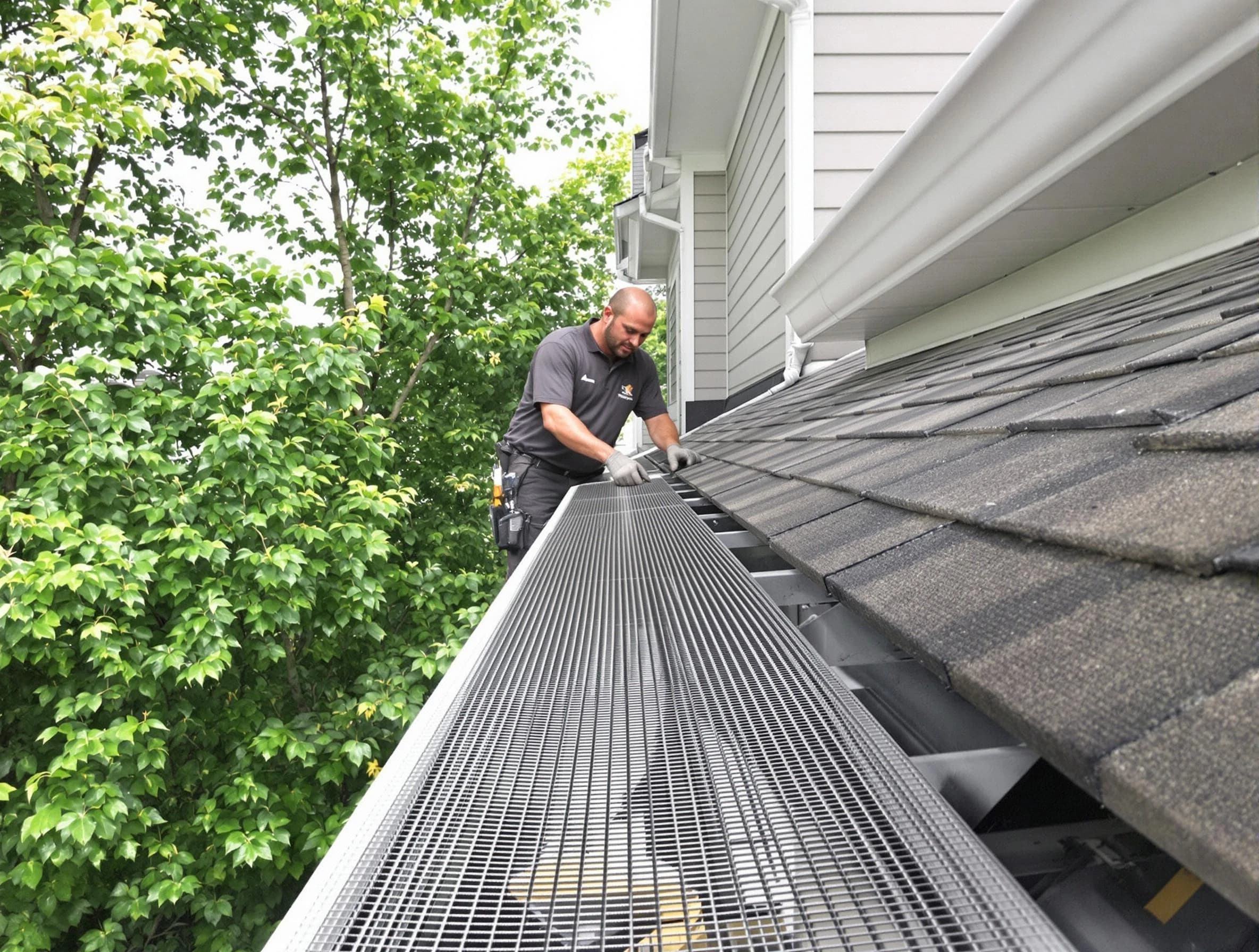 Close-up of gutter guards installed by Stow Roofing Company in Stow, OH