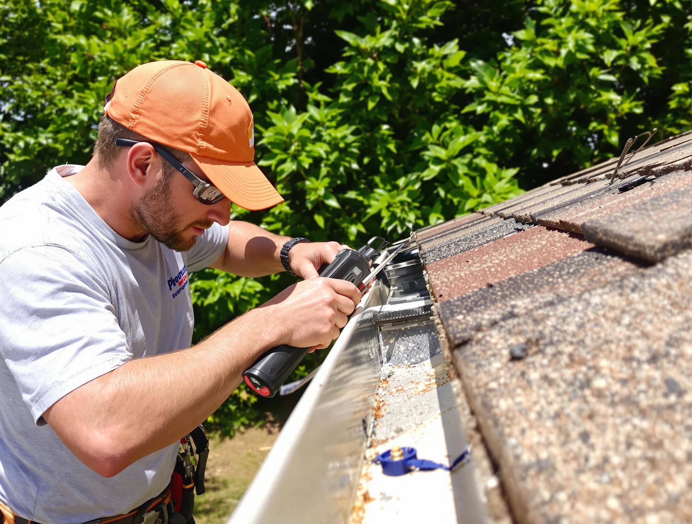 Stow Roofing Company specialists conducting a gutter repair in Stow, OH