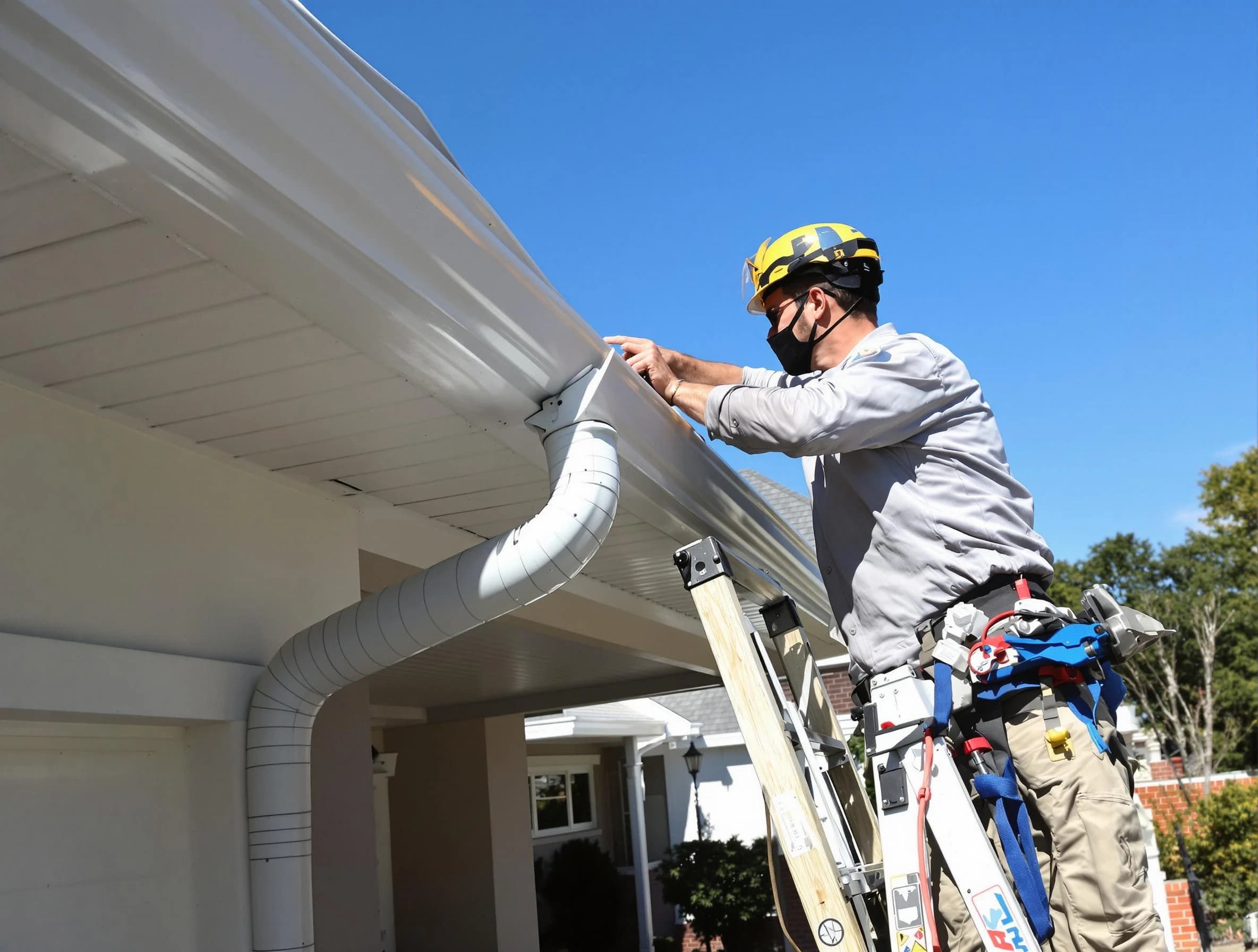 Close-up on a freshly sealed gutter joint by Stow Roofing Company in Stow, OH