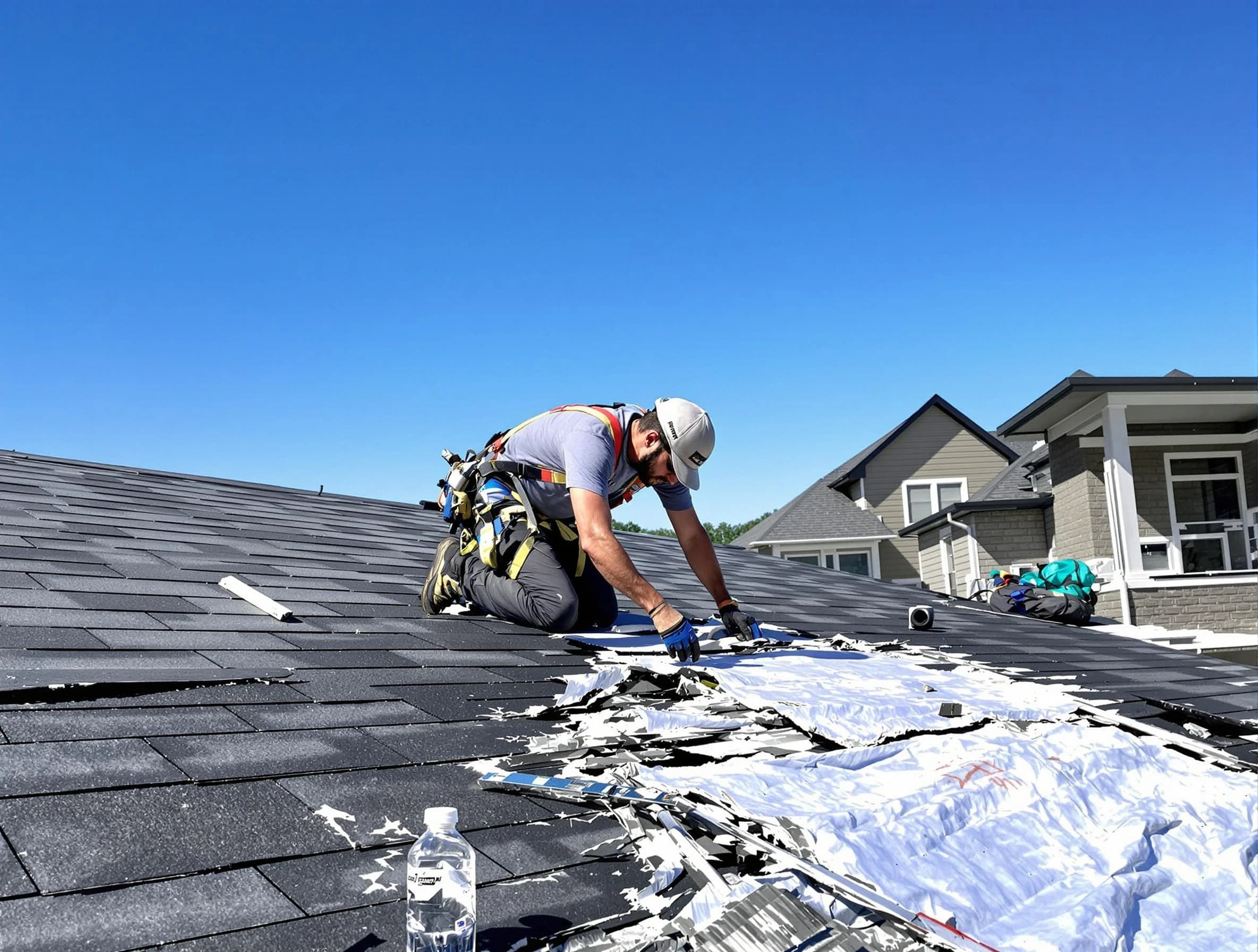 Stow Roofing Company repairing a roof section in Stow, OH