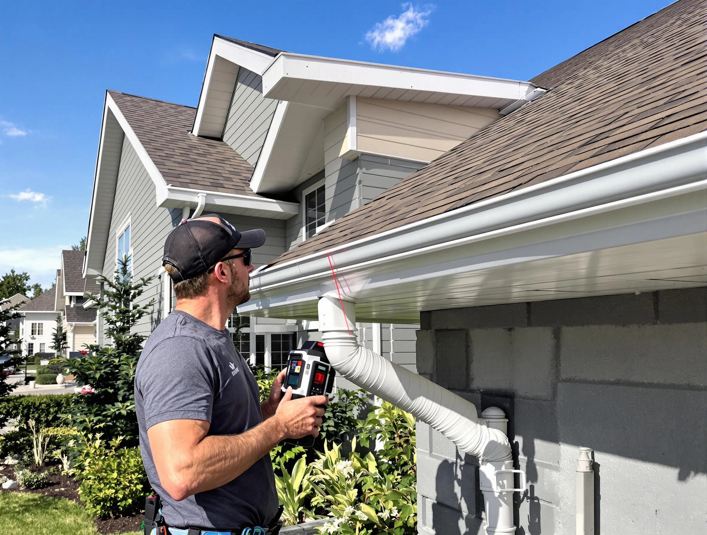 Stow Roofing Company installing seamless gutters in Stow, OH